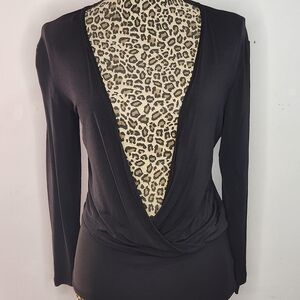 PAUL HARDY Deep V Draped Long Sleeve Blouse - Black